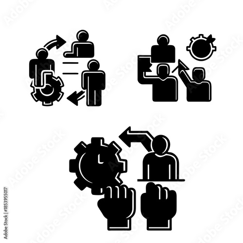 Three black and white silhouetted icons depicting business concepts. The first shows two