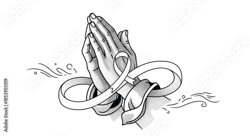 Moving illustration of praying hands wrapped in a light colored ribbon symbolizing hope peace and support for a meaningful cause.