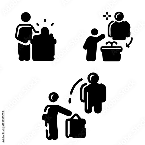 Three black and white silhouette icons depict different interactions