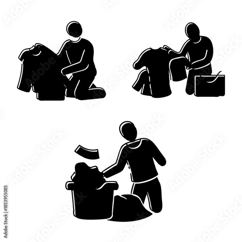Silhouettes of figures appear engaged in activities related to laundry. The top left silhouette shows a person kneeling