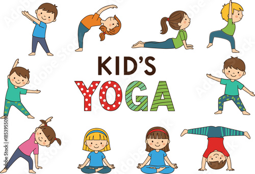 Cute cartoon children practicing various yoga poses and stretching exercises set for kids wellness, physical education, and healthy lifestyle educational materials