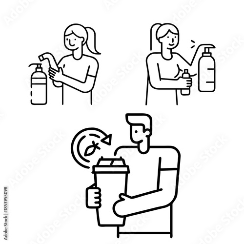 Line drawings depict three individuals. Two women with ponytails are shown using pump bottles