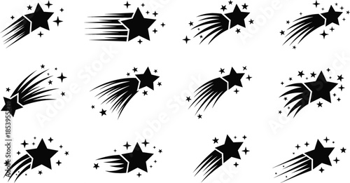 Collection of black shooting star icons and comet silhouettes with motion trails and sparkling stardust for celestial and space designs.