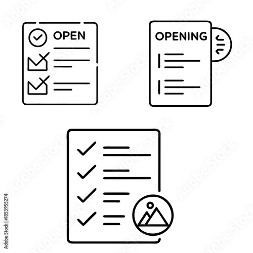 Three black-and-white outline icons of lists. The first icon shows a checklist with the word "OPEN" and two items with check marks