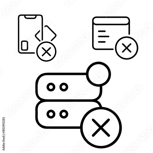 Three outlined icons with "X" symbols indicate disconnection or failure. The first icon resembles