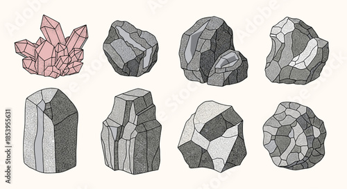 Hand drawn collection of various rocks stones minerals and a cluster of pink quartz crystals in a detailed geological illustration.