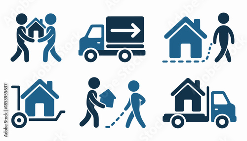 Moving House and Relocation Icon Set. Professional vector symbols for home transport, logistics, and residential moving services featuring trucks, boxes, and delivery elements.