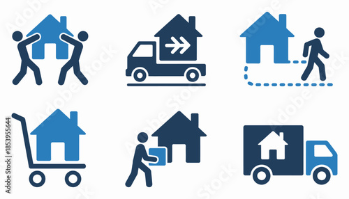 Moving House and Relocation Icon Set. Professional vector symbols for home transport, logistics, and residential moving services featuring trucks, boxes, and delivery elements.