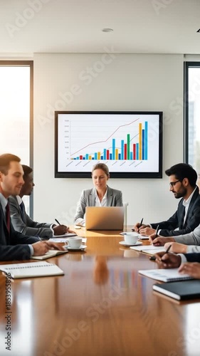 Diverse business team collaborates in a modern conference room during a financial presentation.