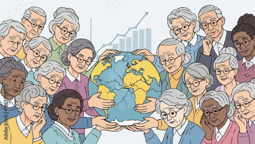 Diverse group of elderly people holding the Earth with care and concern.