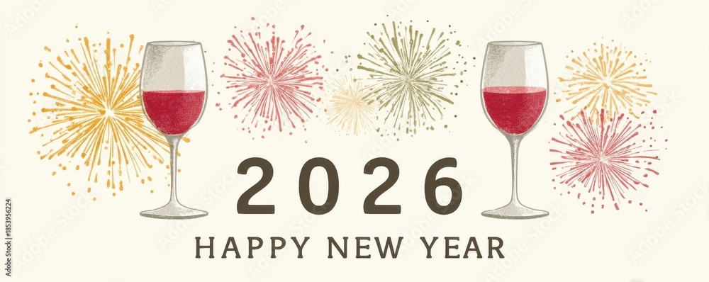 Obraz premium Happy New Year 2026 illustration featuring fireworks and champagne glasses for festive celebration