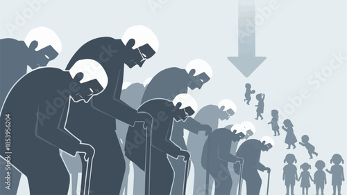 Generational decline depicted with elderly people and children.