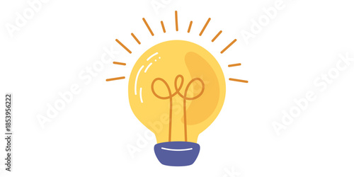 Light bulb idea rays shine Doodle Cartoon Flat style. Hand drawn Symbol creativity, inspiration. Vector illustration