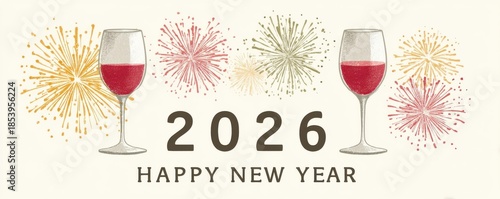 Happy New Year 2026 illustration featuring fireworks and champagne glasses for festive celebration