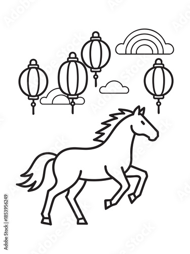 A black outline vector drawing of a prancing horse surrounded by traditional Chinese lanterns, clouds, and a rainbow, suitable for a coloring book or festive celebration design