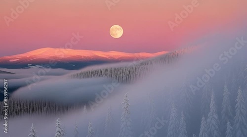 Moonrise over snowy forest in winter