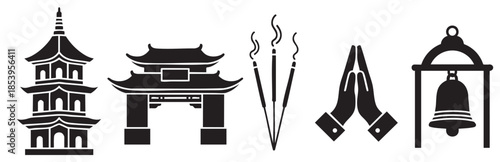A collection of black silhouette icons representing Asian culture, including a multi-tiered pagoda, a traditional gate, burning incense sticks, praying hands, and a temple bell.