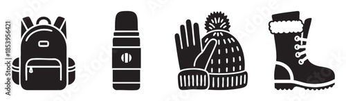 A collection of black and white outline icons representing winter accessories like a backpack, thermos, beanie, gloves, and boot, perfect for travel and outdoor themes.
