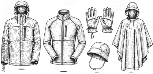 Black and white sketch of outdoor apparel including a hooded jacket, fleece, gloves, bucket hat, and poncho, perfect for adventure and travel themes.