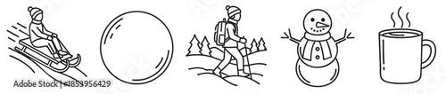 A collection of simple, black and white line art icons representing various winter activities including sledding, hiking, a snowman, and a hot beverage, perfect for design projects.
