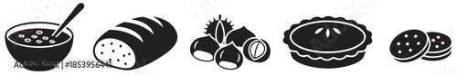 A set of black and white graphic icons depicting a bowl of soup with a spoon, a loaf of bread, chestnuts, a pie, and cookies, representing a collection of food items.