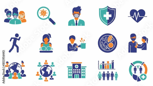 Collection of Medical and Health Related Icons Representing Healthcare and Science.
