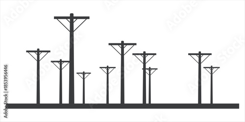 Silhouette of Multiple Telephone Poles with Wires Against White Background utility poles power lines