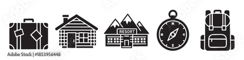 A set of five black icons representing travel, including a suitcase, a cabin, a resort building with mountains, a compass, and a backpack, perfect for vacation or adventure themes.