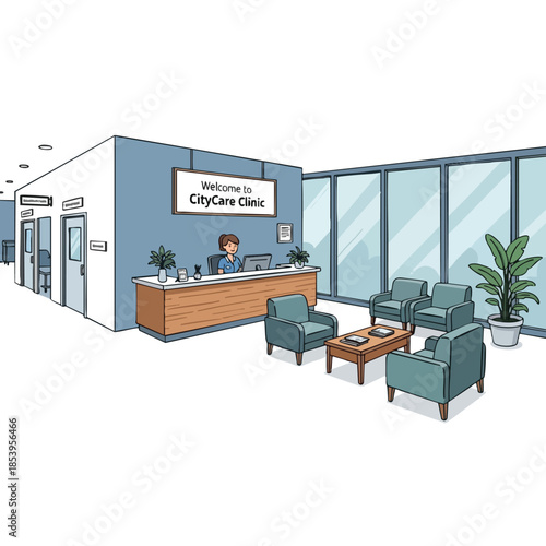 An illustrated clinic reception, with a desk, seating, and a waiting area