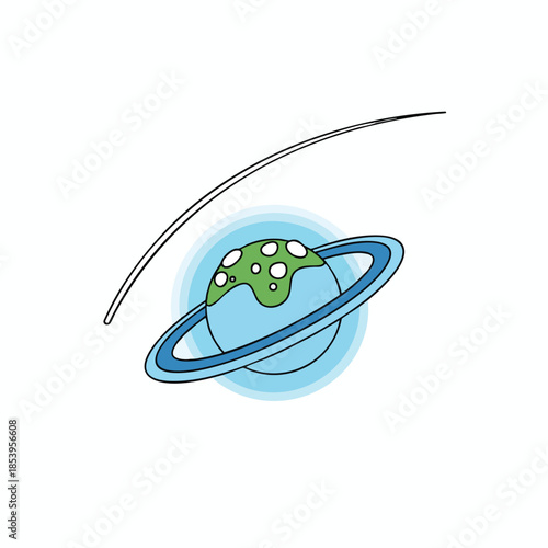 Cartoon planet with rings, green spotted top, and a curving trajectory