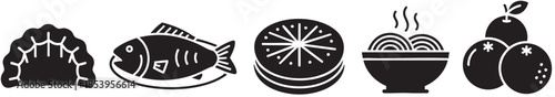 A collection of black and white graphic icons representing various foods including a dumpling, fish on a plate, citrus slices, noodles in a bowl, and fruit.