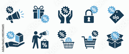 Offer and Promotion Icon Set. Professional solid vector symbols for sales, discounts, and retail marketing campaigns featuring price tags, shopping bags, and gift elements.