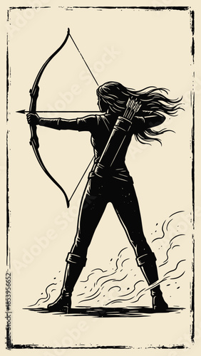 Woodcut Style Female Archer Silhouette Aiming Bow