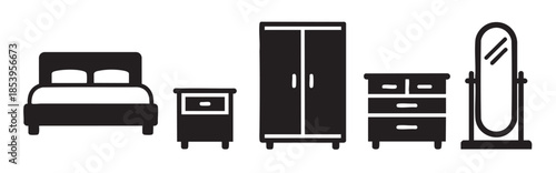 A clean black and white icon set displays essential bedroom furniture including a bed, nightstand, wardrobe, dresser, and mirror, perfect for design projects.