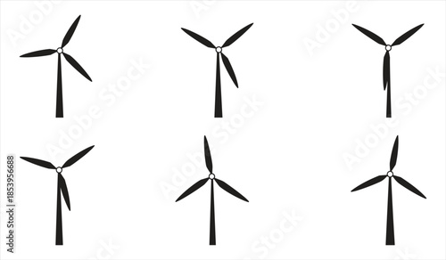 Six Black Silhouettes of Wind Turbines in Different Rotational Positions wind power renewable energy