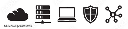 A collection of black silhouette icons representing cloud computing, server racks, a laptop, a shield for security, and network connections on a white background.