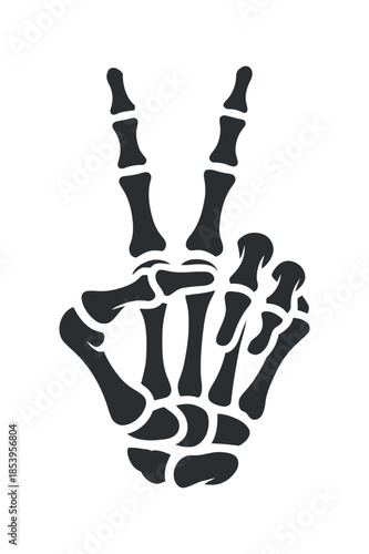 a stark black silhouette depicts a skeletal hand presenting the peace sign with all fingers extended upward high quality professional detailed