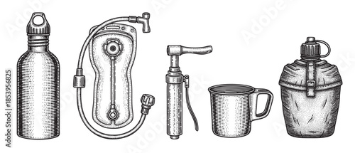 A vintage-style illustration in black and white depicts essential camping equipment including a metal water bottle, hydration pack, hand pump, enamel mug, and canvas canteen.