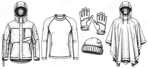 A hand-drawn illustration in black and white features outdoor clothing essentials including a hooded jacket, long-sleeved shirt, gloves, beanie, and poncho, perfect for adventure or weather.