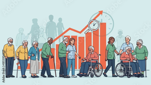 Diverse group of elderly people and younger caregivers with a rising graph symbolizing growth and care.
