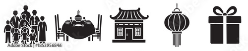 A collection of black and white vector icons depicting elements of Asian culture and celebration, including a family, dining table, traditional house, lantern, and gift box.