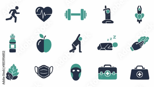 Collection of health and wellness icons representing fitness and medical care.