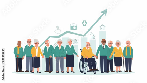 Diverse group of elderly people standing together with one in a wheelchair.