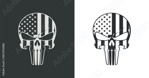 A striking graphic depiction of a skull design incorporating the american flag presented in both black and white backgrounds for contrast