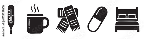 A collection of black icons representing common elements of illness and recovery including a thermometer, hot drink, scarf, pill, and bed.