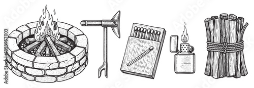 A collection of illustrated camping and outdoor fire-starting items including a stone fire pit with flames, a multi-tool axe, a matchbox, a lighter, and a bundle of firewood.