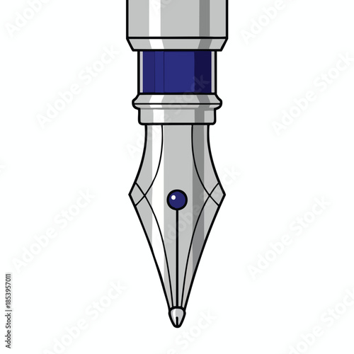 A silver and blue fountain pen nib with a jewel, stylized against a white back