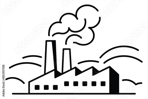 Stylized Black Silhouette of an Industrial Factory with Smoke Emitting industry building