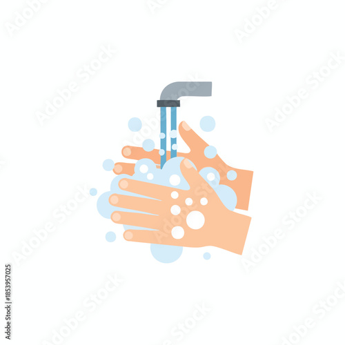 Hands washing under water from a faucet, surrounded by suds and bubbles
