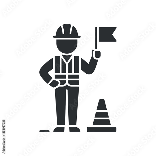 a simple black silhouette depicts a construction worker holding a flag standing near safety cones illustrating workplace signaling and hazard awareness